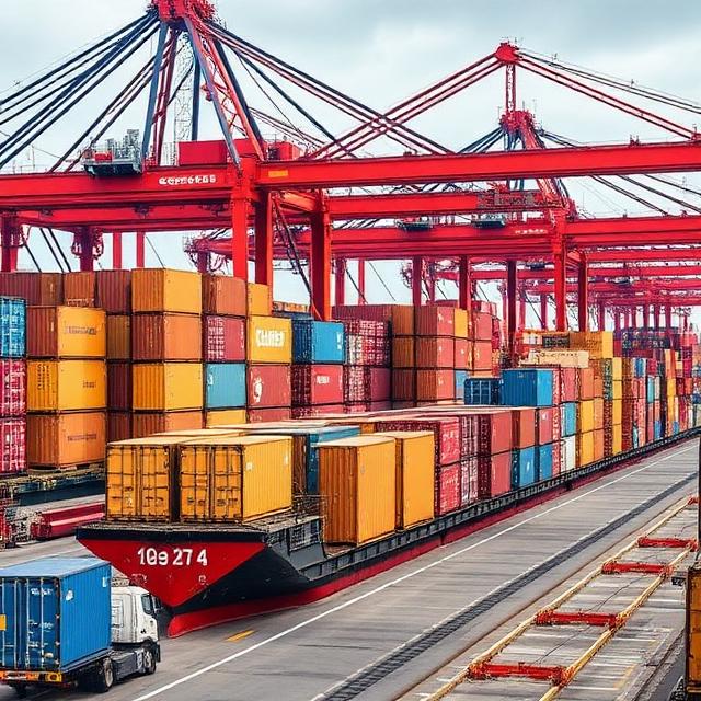 Container ship port with cargo containers and cranes